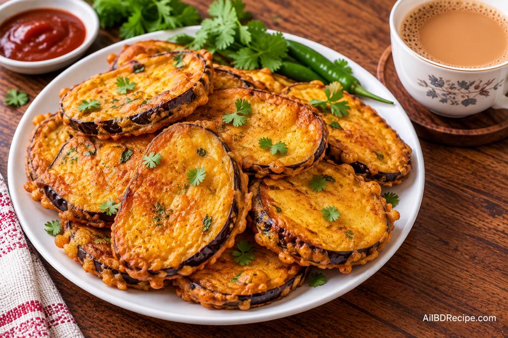 বেগুনি: পাতলা বেগুনে মচমচে বেসনের আবরণ
